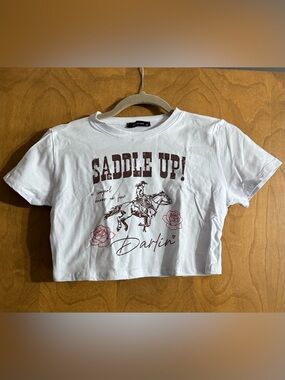 White 'Saddle Up!' Crop Tee with Rodeo Graphic